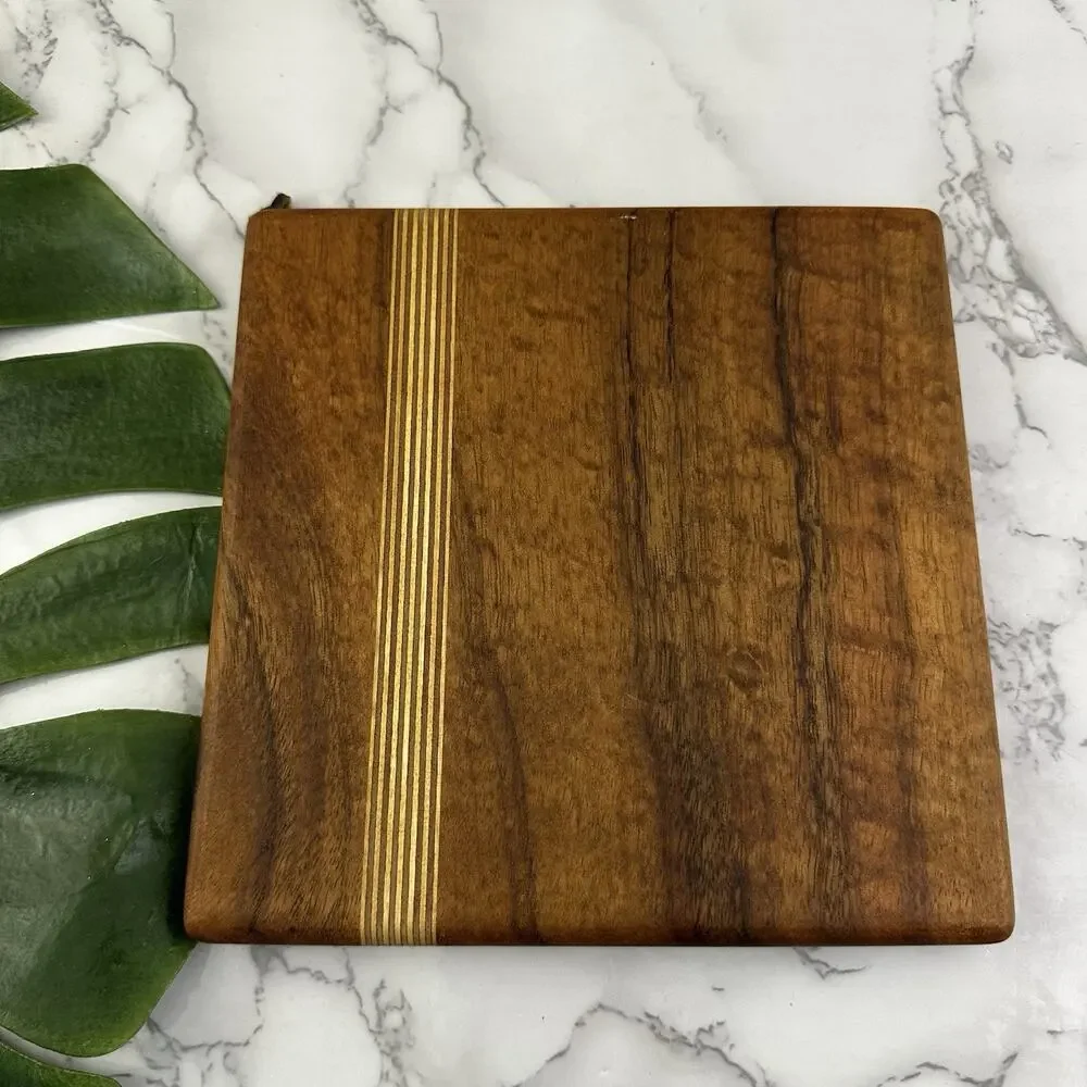 Vintage Handmade Wood Trivet Small Cutting Board Dark Brown Stripe Inlay Square